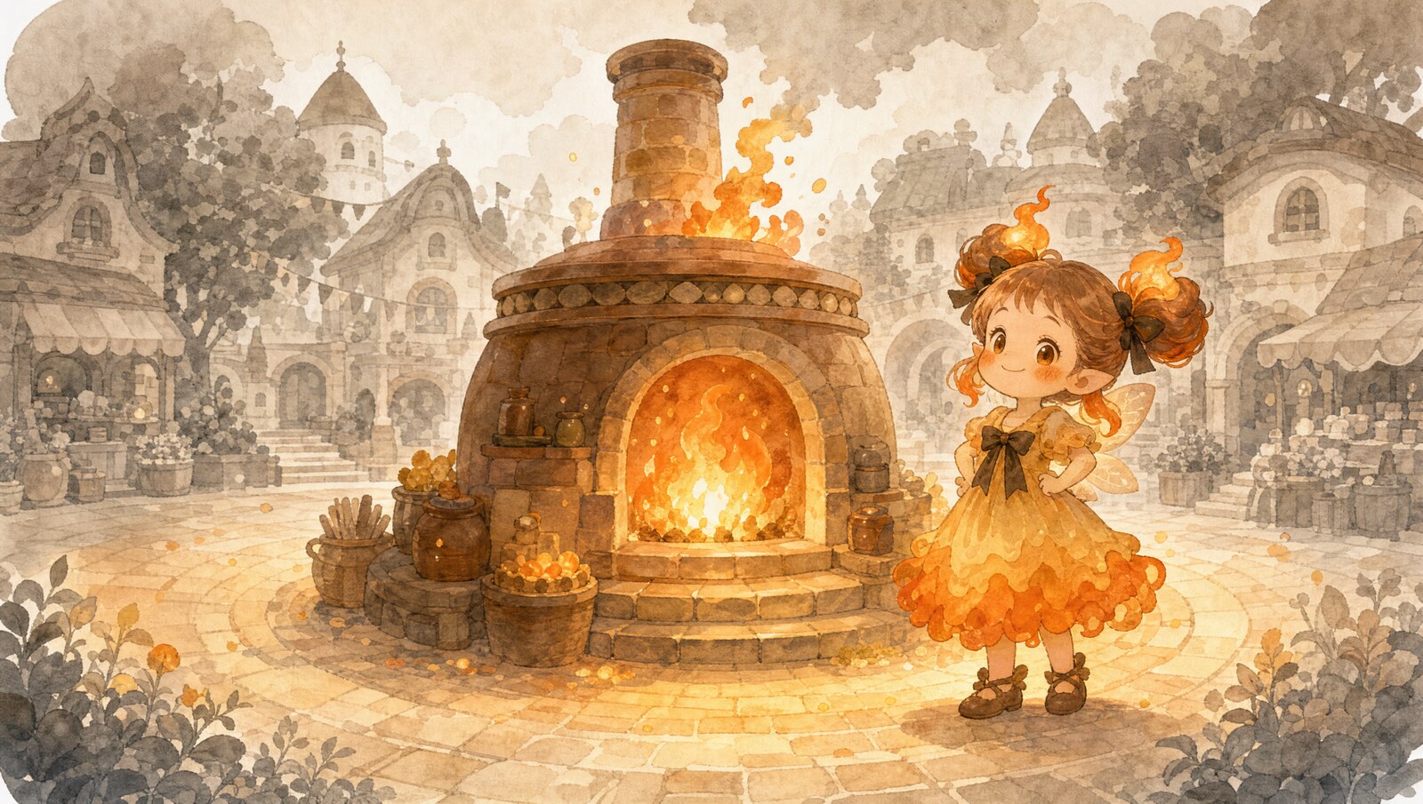 広場のことばのかまどのそばで誇らしげに立つメイラ