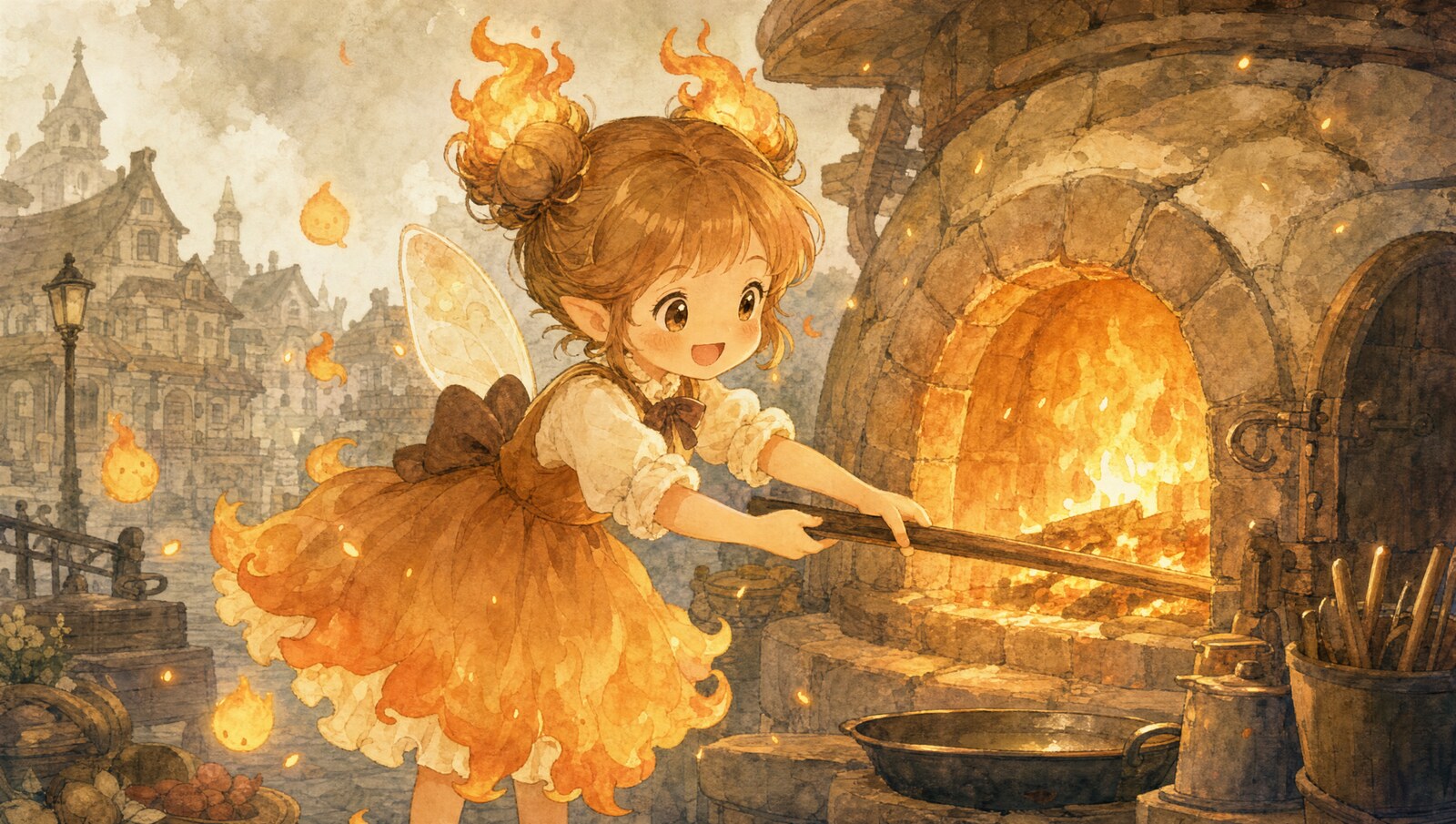 袖をまくって元気にかまどの火を調整するメイラ