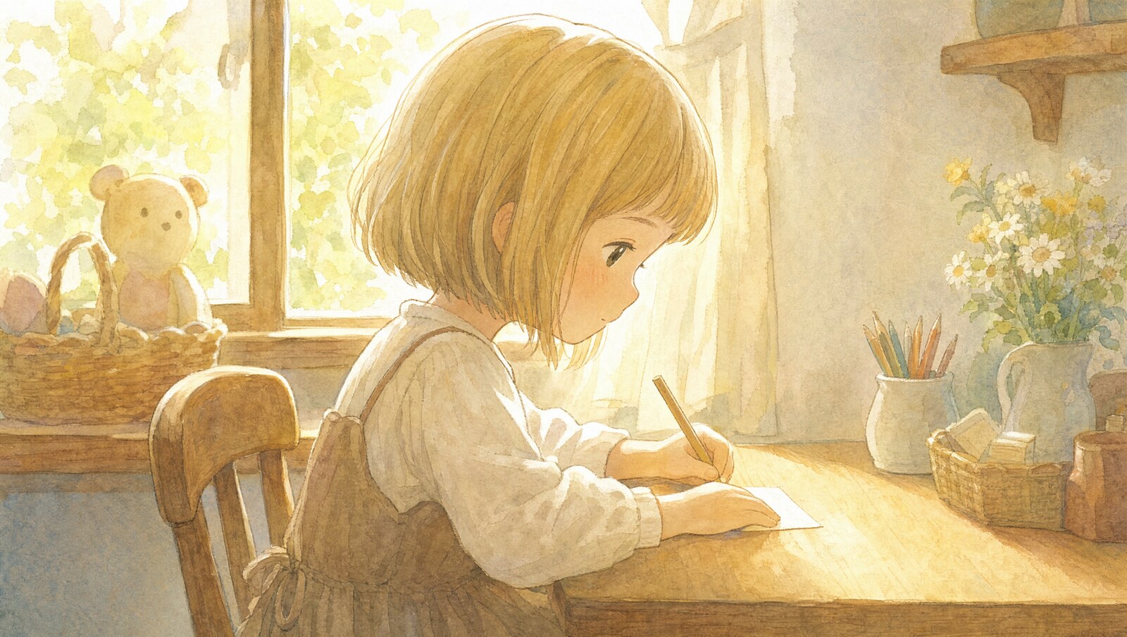 小さな紙に願いをそっと書きこむ女の子つむぎの横顔
