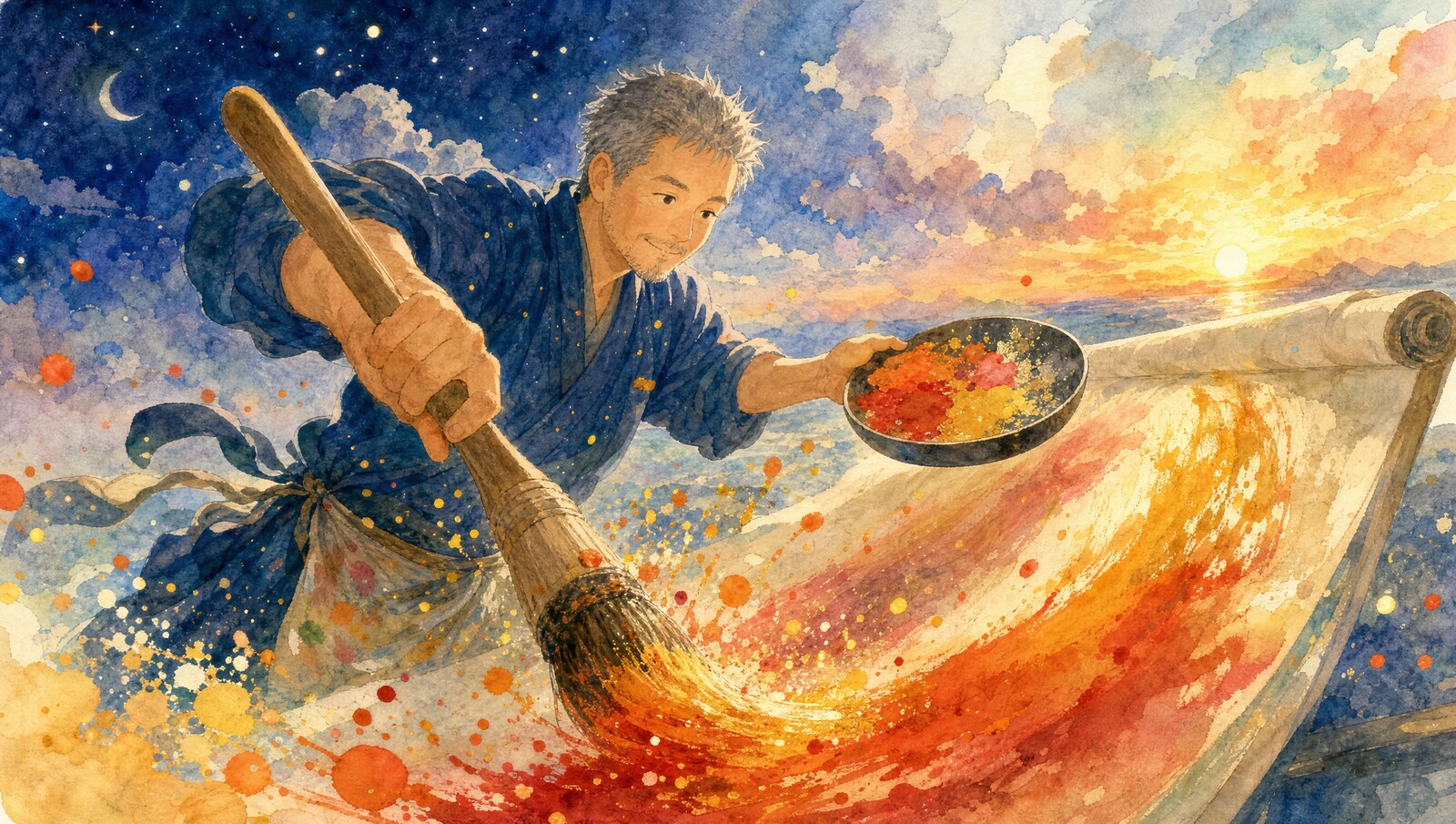 勢いよく巻物に絵を描き続ける勝さんと、飛び散る絵の具