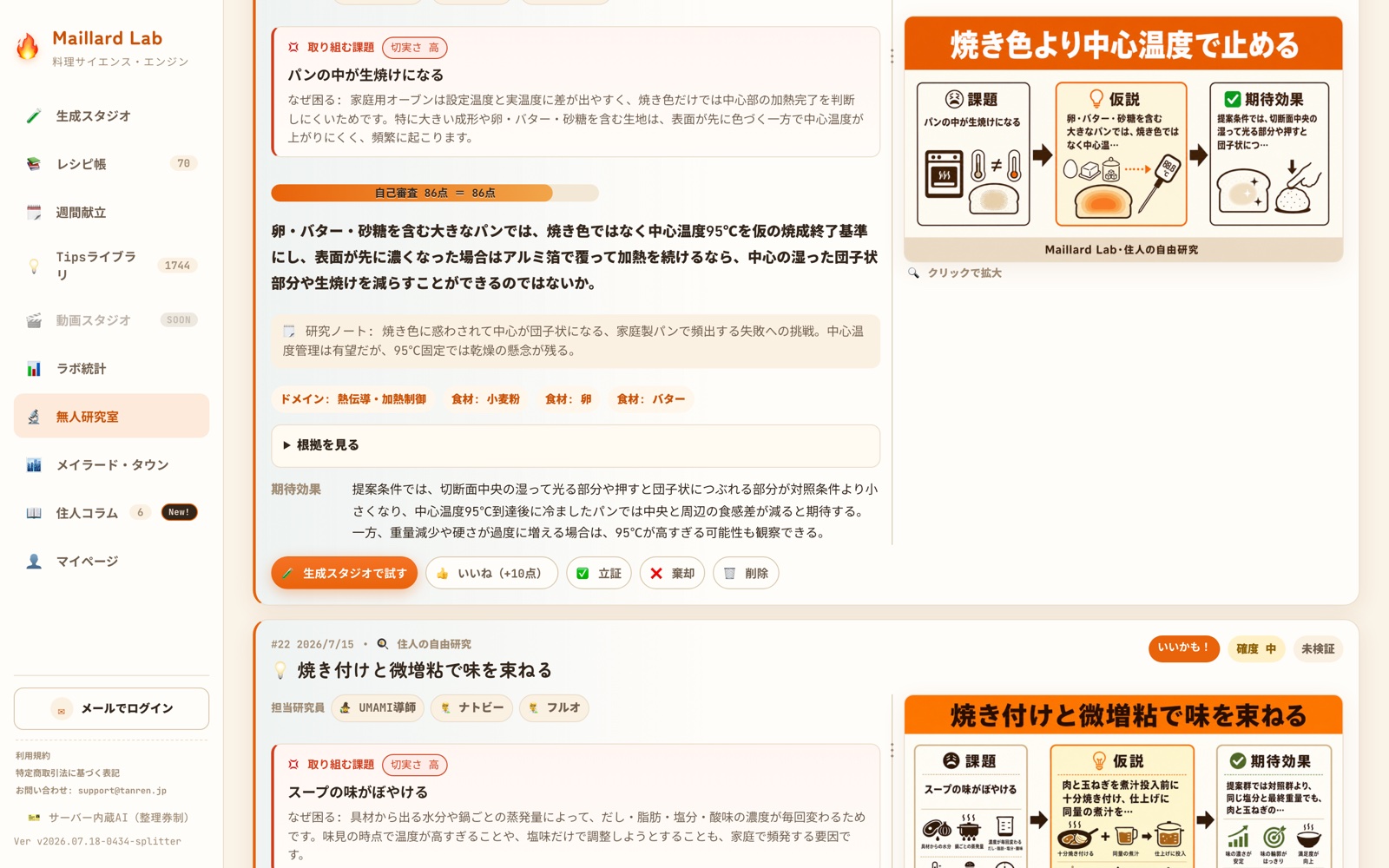 仮説研究の結果が並ぶ個人研究室の実画面
